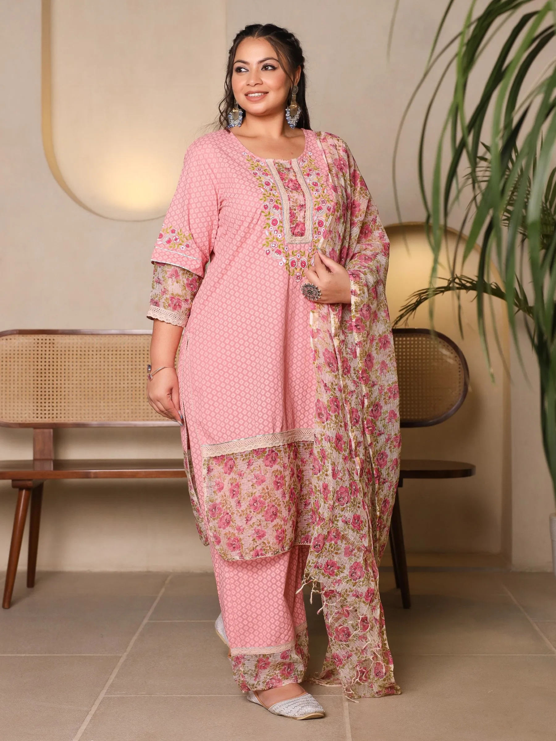 Jashvi The Madhuabala Pink Floral Printed & Laced Pure Cotton Plus Size Kurta Palazzo & Dupatta Set With Printed Kota Doria Dupatta