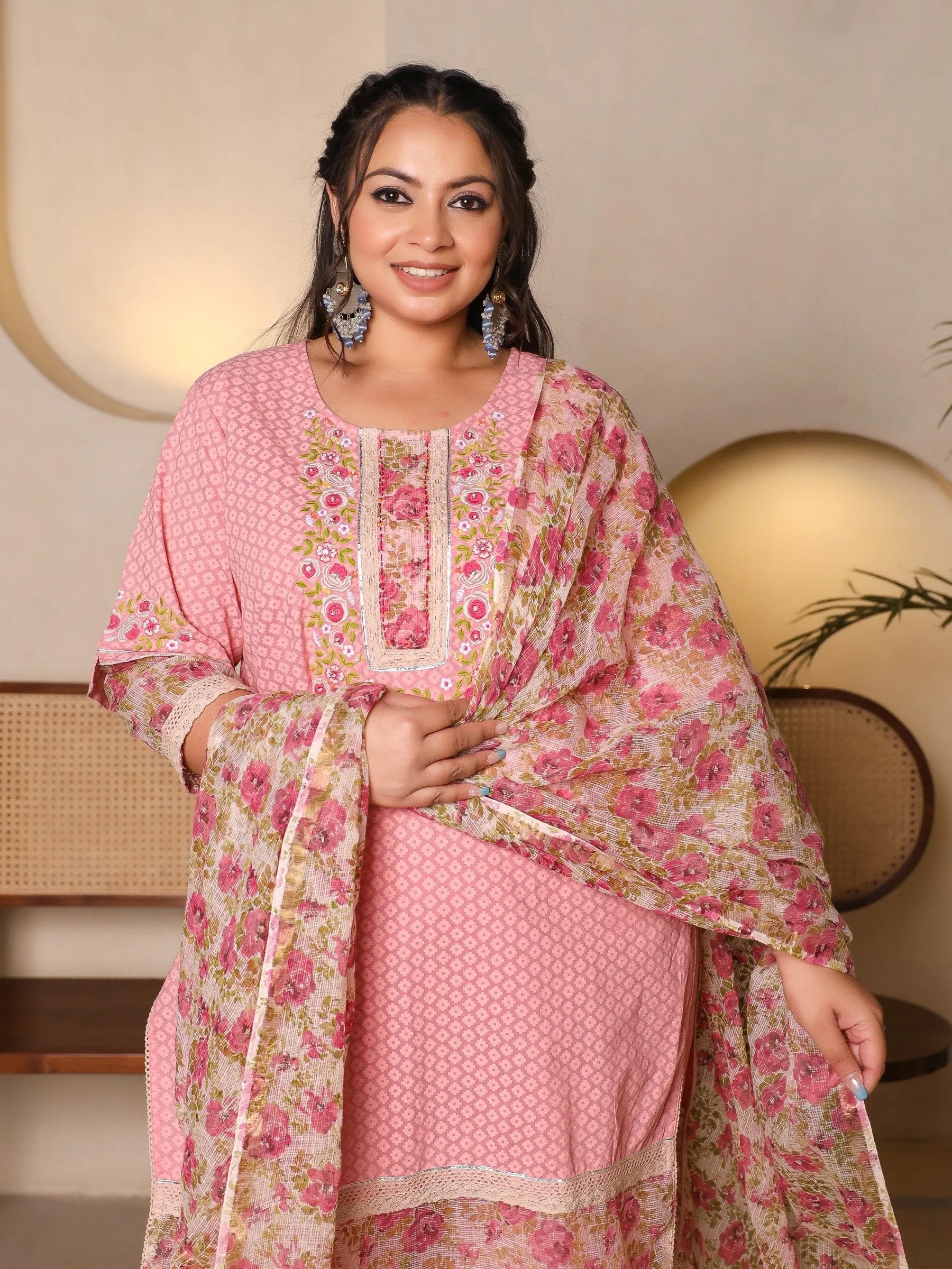 Jashvi The Madhuabala Pink Floral Printed & Laced Pure Cotton Plus Size Kurta Palazzo & Dupatta Set With Printed Kota Doria Dupatta