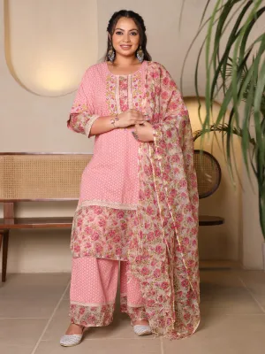 Jashvi The Madhuabala Pink Floral Printed & Laced Pure Cotton Plus Size Kurta Palazzo & Dupatta Set With Printed Kota Doria Dupatta