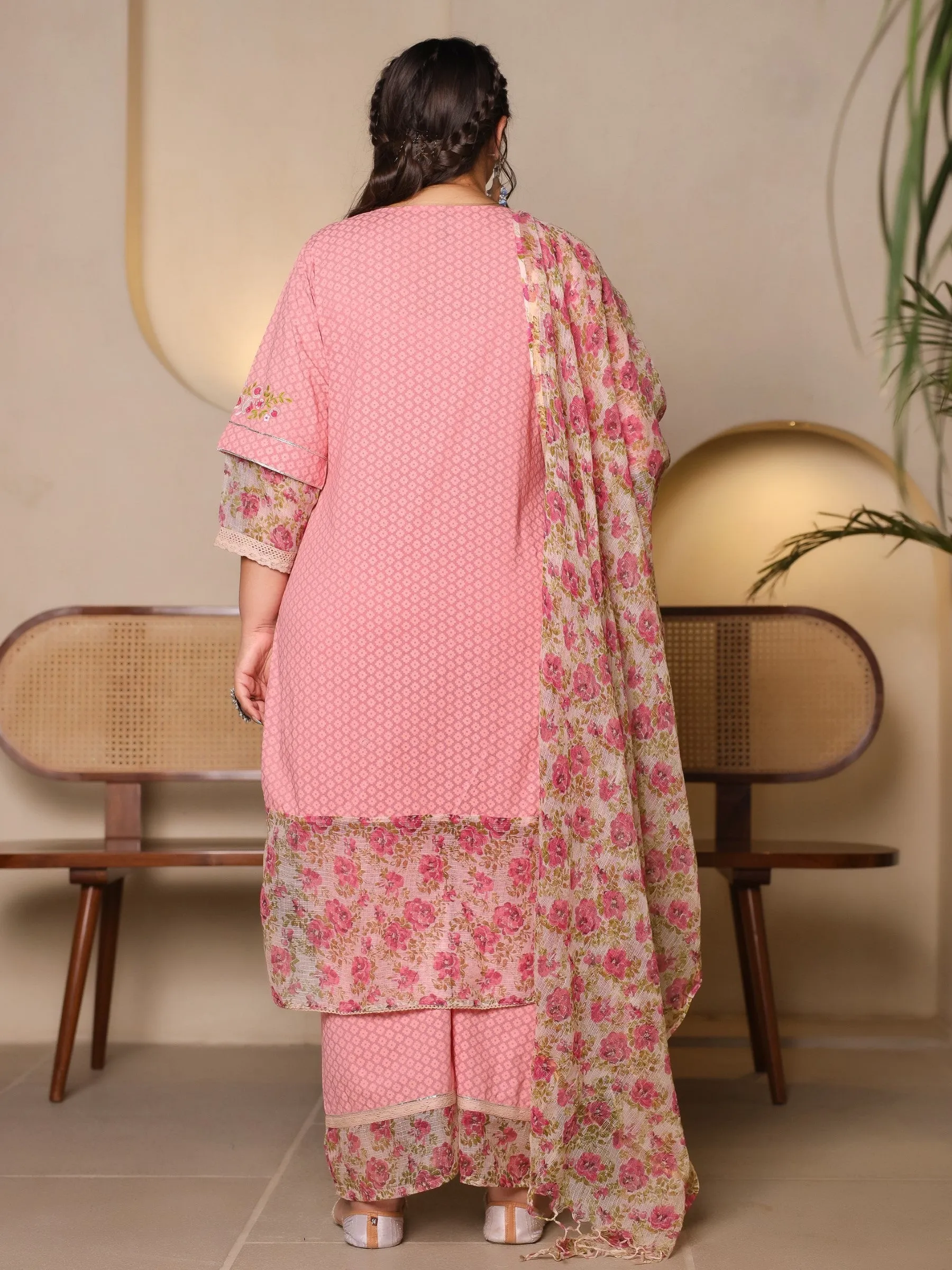 Jashvi The Madhuabala Pink Floral Printed & Laced Pure Cotton Plus Size Kurta Palazzo & Dupatta Set With Printed Kota Doria Dupatta