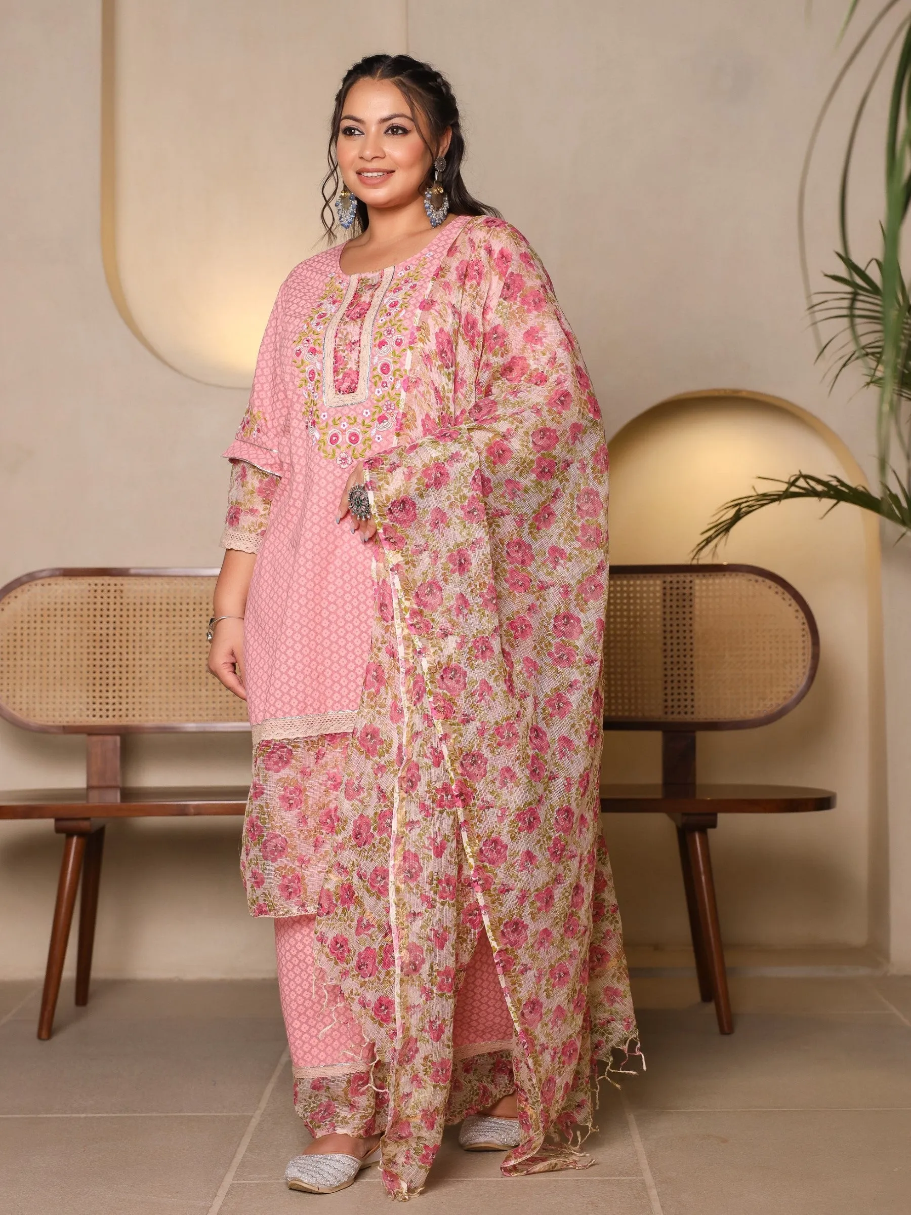 Jashvi The Madhuabala Pink Floral Printed & Laced Pure Cotton Plus Size Kurta Palazzo & Dupatta Set With Printed Kota Doria Dupatta