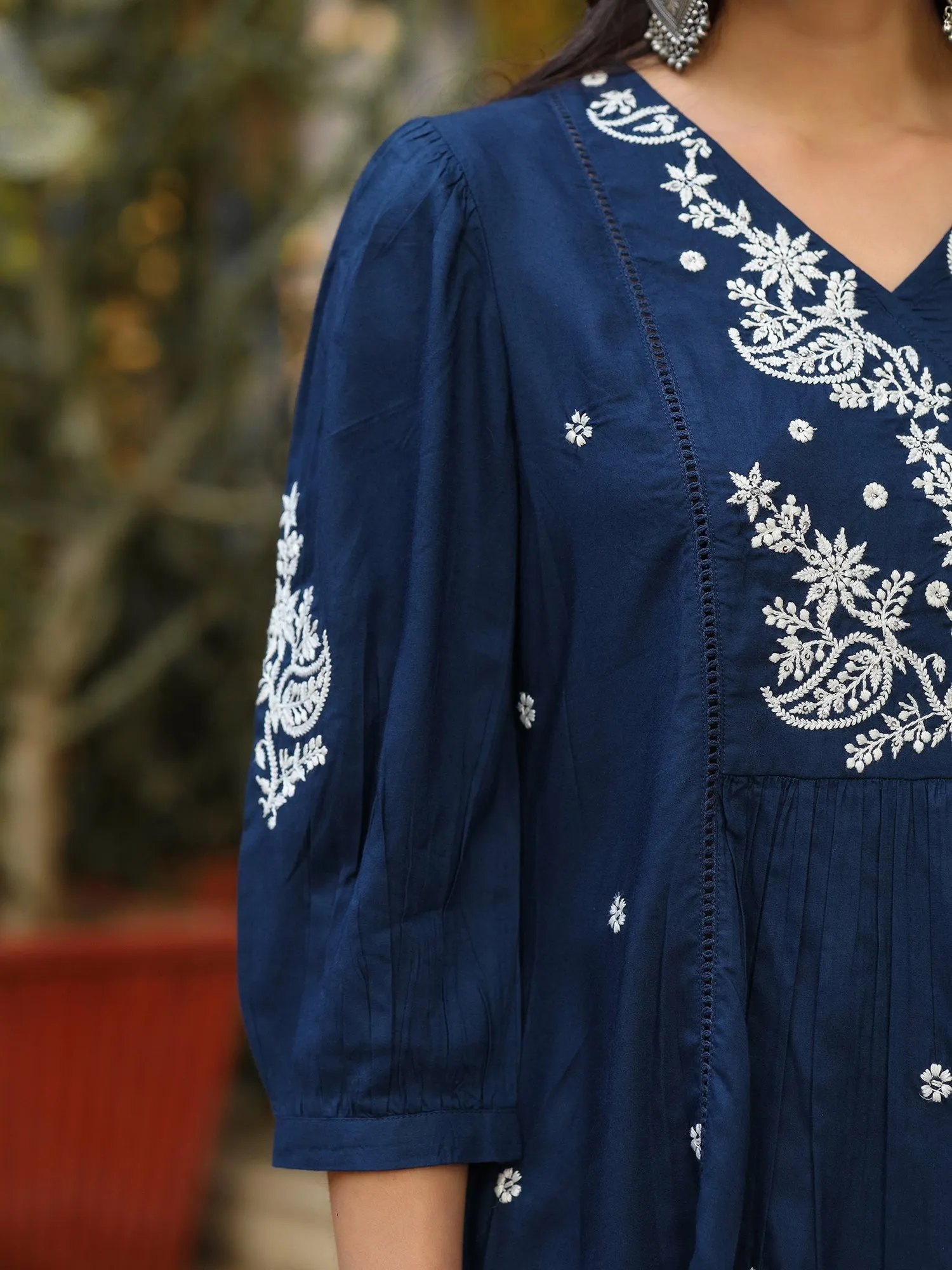 Jashvi The Mishri Navy Blue Paisley Rayon Tunic With Thread Work Embroidery