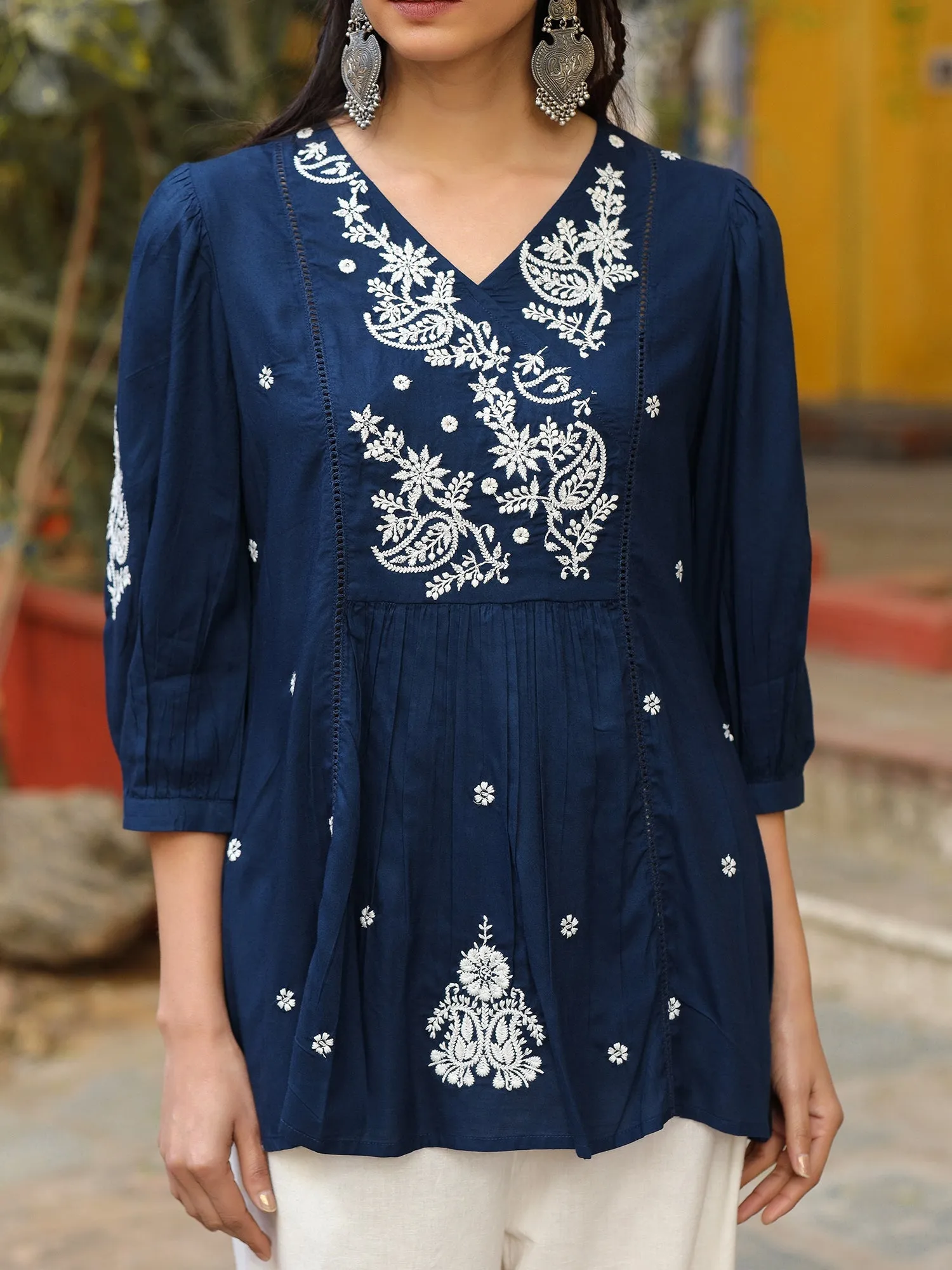 Jashvi The Mishri Navy Blue Paisley Rayon Tunic With Thread Work Embroidery