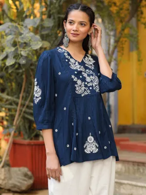 Jashvi The Mishri Navy Blue Paisley Rayon Tunic With Thread Work Embroidery