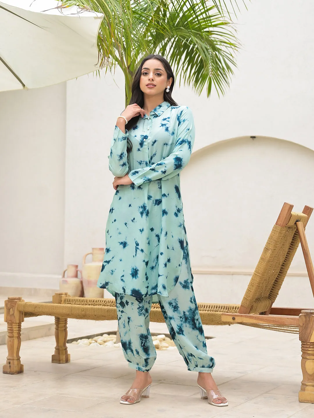 Jashvi Tie Dye Green Muslin Co-ord Set for Women