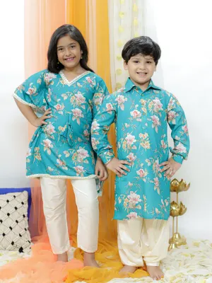 Jashvi Turquoise Blue Cotton Blend Floral Print Kurta Pyjama Sibling Set