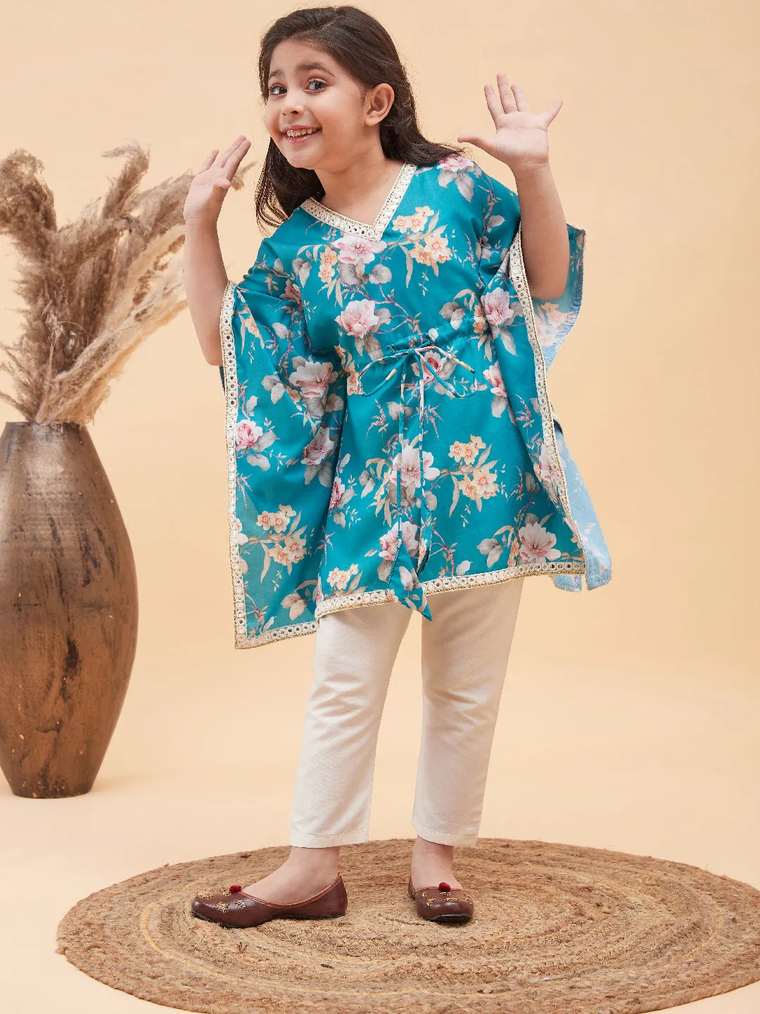 Jashvi Turquoise Blue Cotton Blend Floral Print Kurta Pyjama Sibling Set