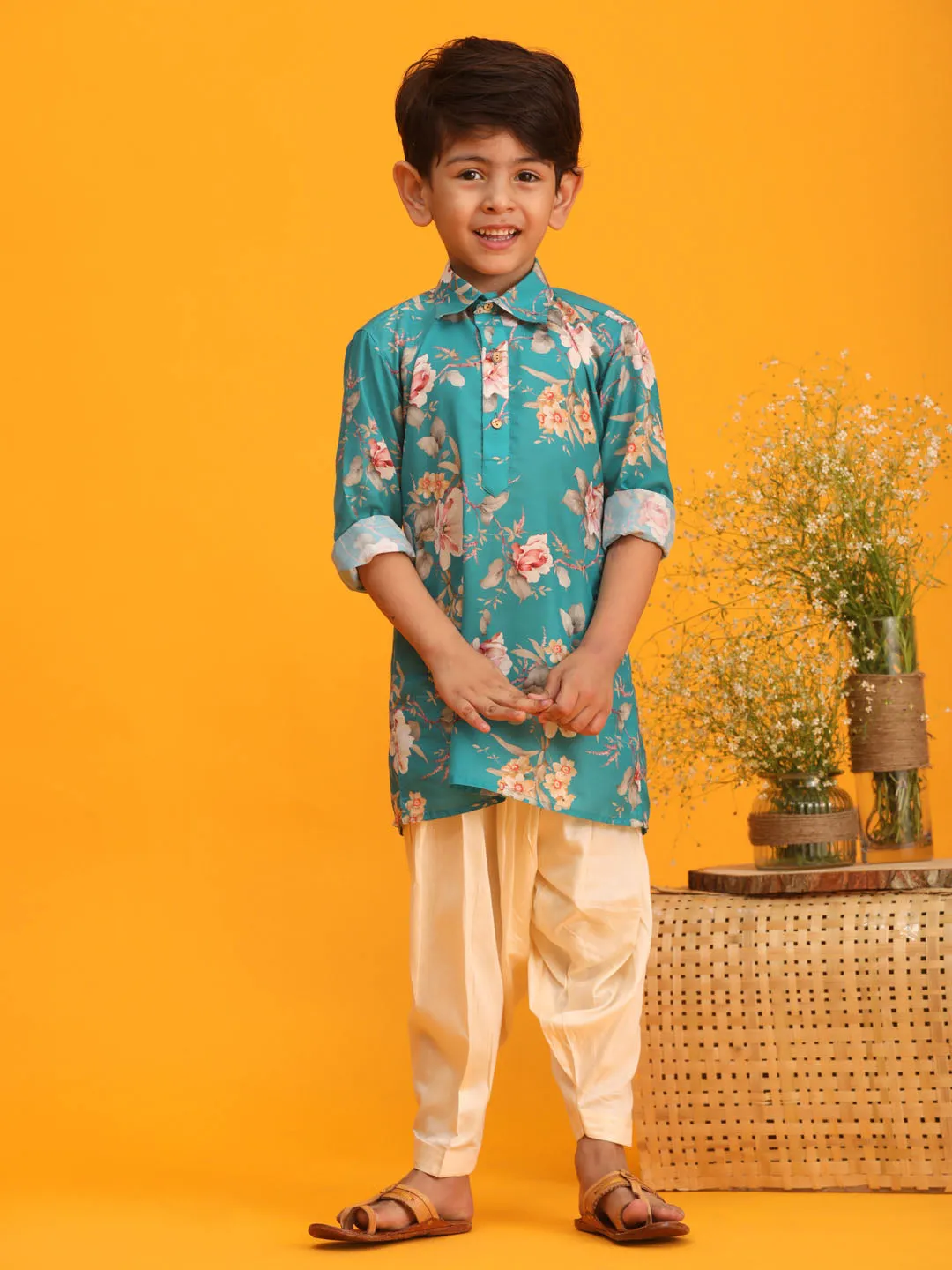 Jashvi Turquoise Blue Cotton Blend Floral Print Kurta Pyjama Sibling Set