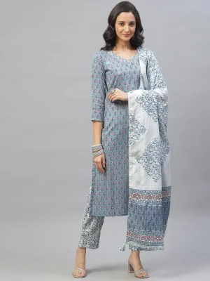 Jashvi Turquoise Blue Cotton Floral Printed Kurta Pant set with Dupatta