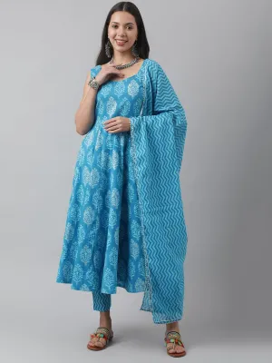 Jashvi Turquoise Blue Floral Cotton Anarkali Kurta Pant Set with Dupatta