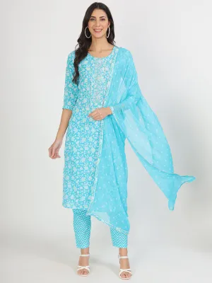 Jashvi turquoise blue Floral Print Cotton Kurta pants with Dupatta set for women