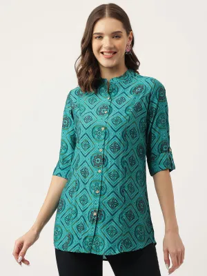 Jashvi Turquoise Blue Printed Muslin Fold Sleeve top