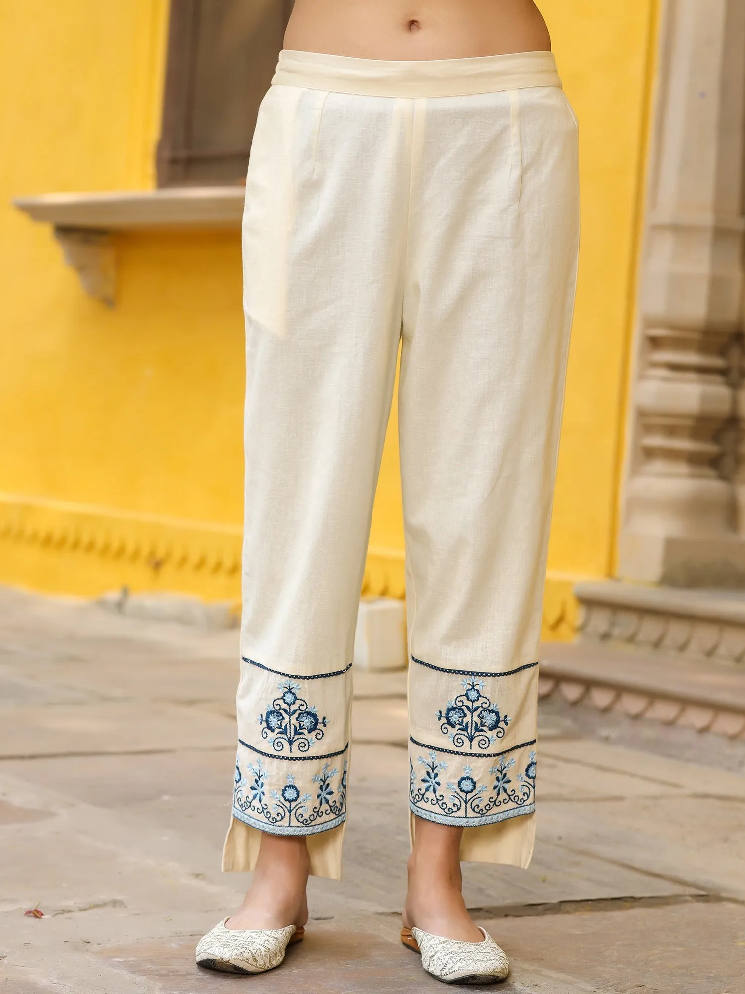 Jashvi White & Blue Cotton Dobby Thread Embroidered Straight Kurta With Pant Set And Chiffon Dupatta