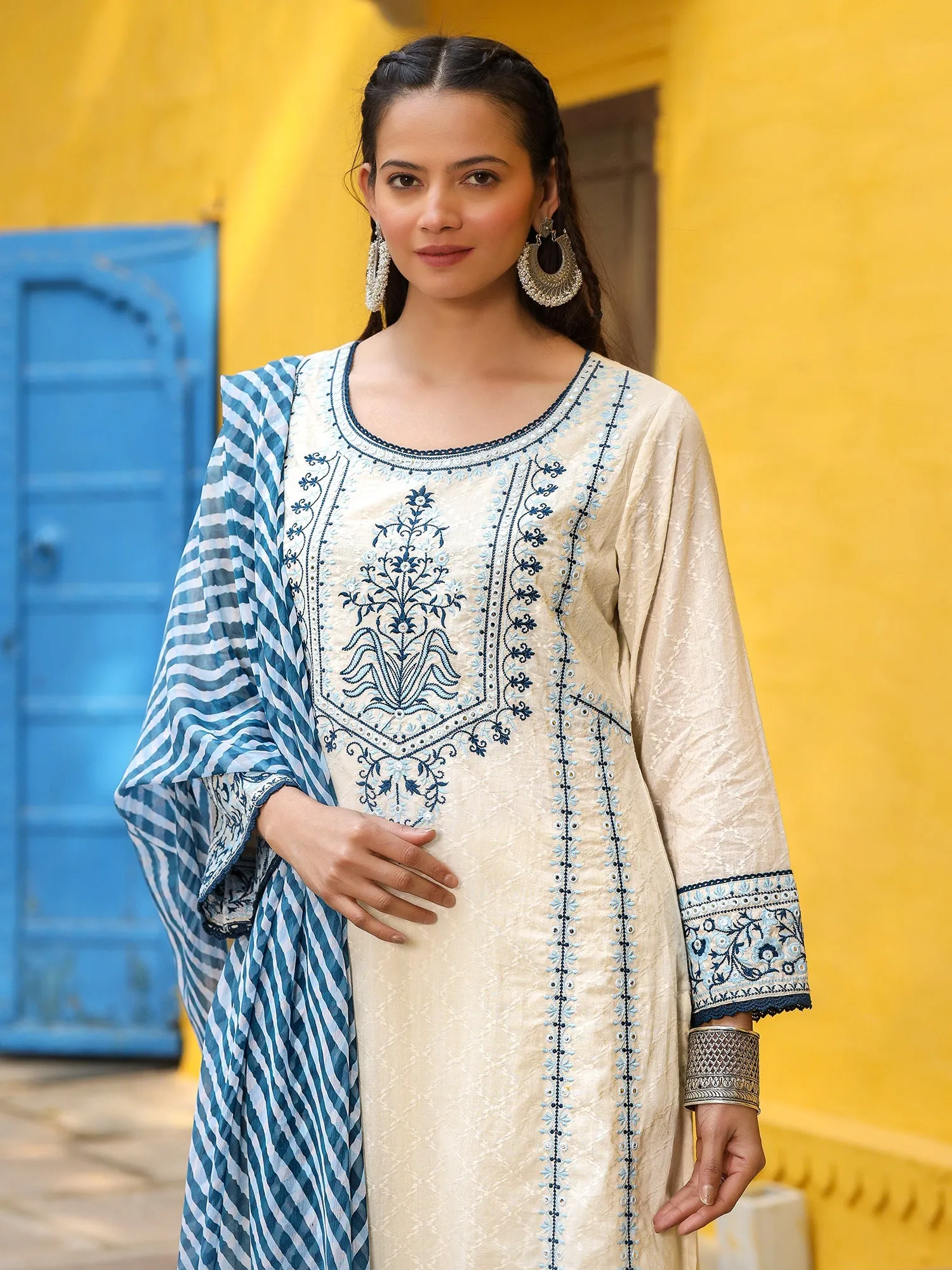 Jashvi White & Blue Cotton Dobby Thread Embroidered Straight Kurta With Pant Set And Chiffon Dupatta