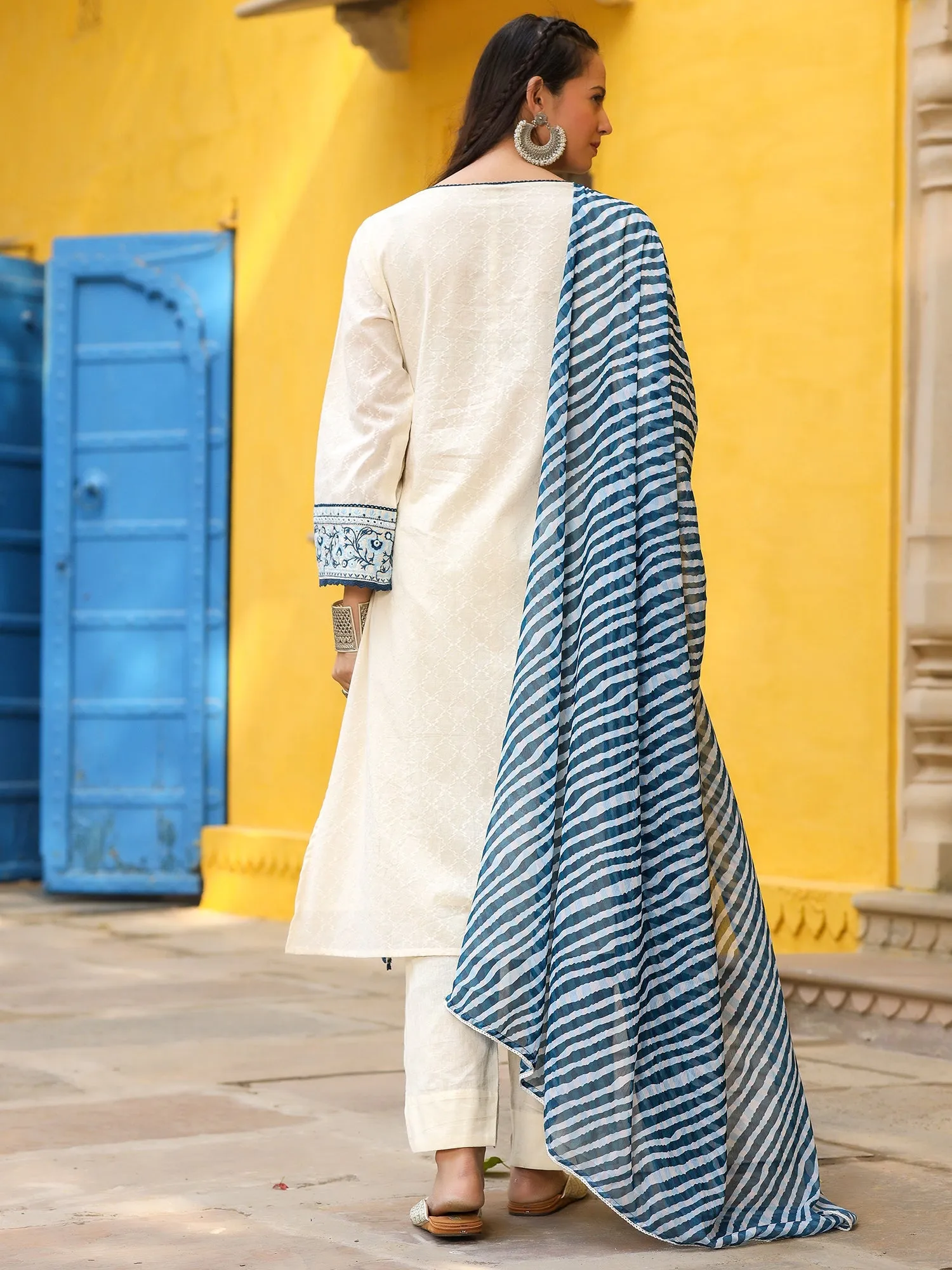 Jashvi White & Blue Cotton Dobby Thread Embroidered Straight Kurta With Pant Set And Chiffon Dupatta