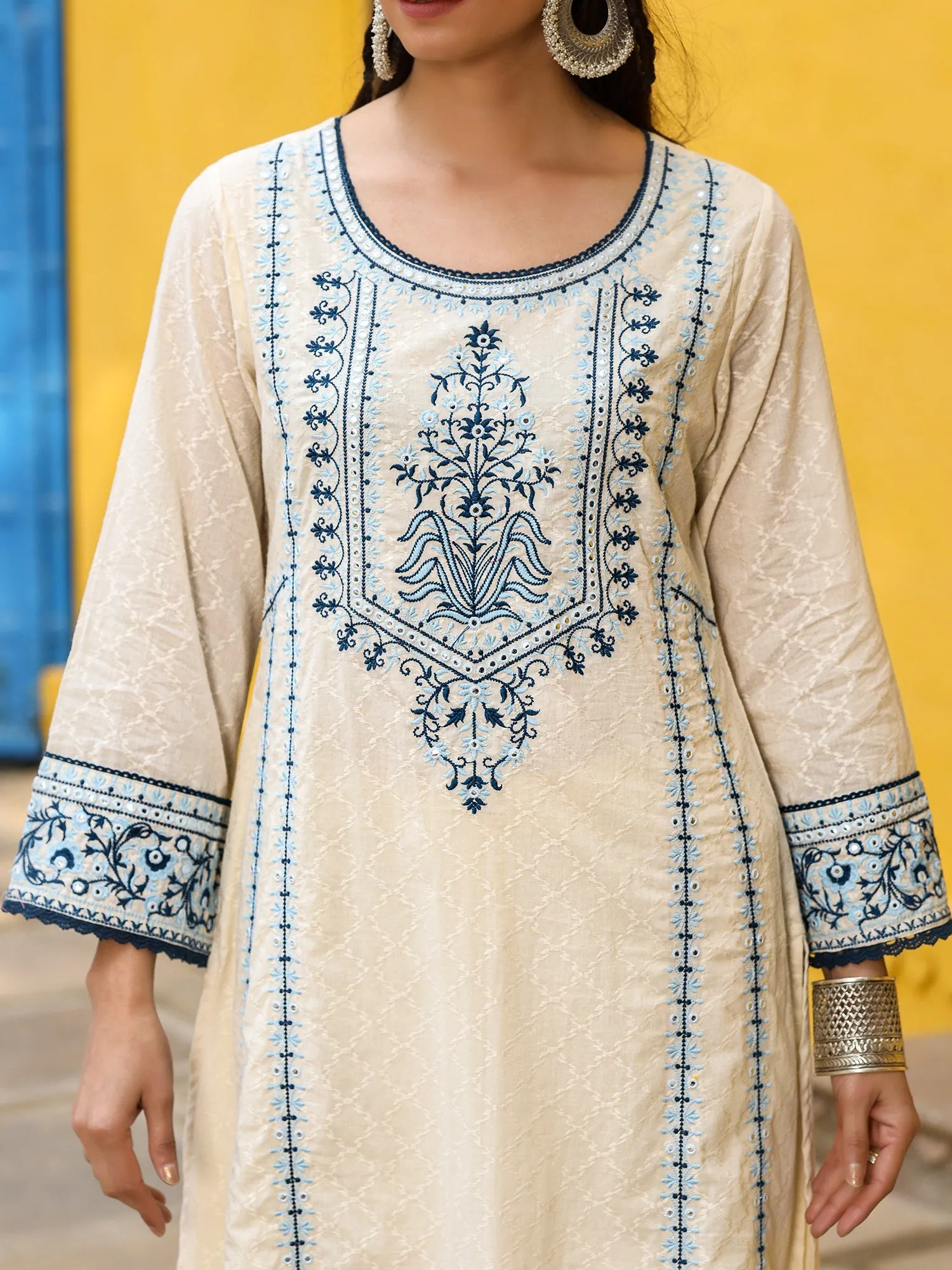 Jashvi White & Blue Cotton Dobby Thread Embroidered Straight Kurta With Pant Set And Chiffon Dupatta