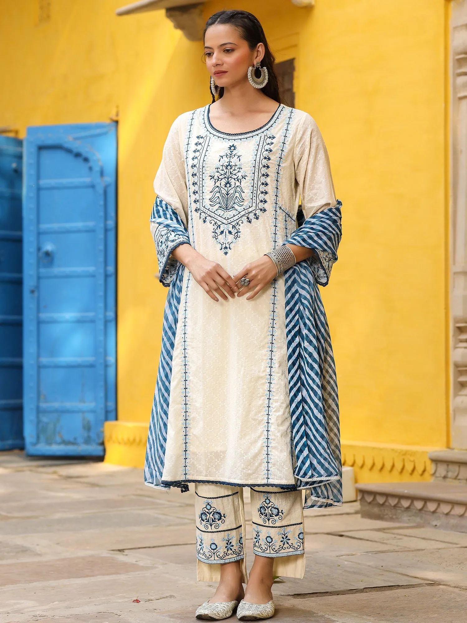 Jashvi White & Blue Cotton Dobby Thread Embroidered Straight Kurta With Pant Set And Chiffon Dupatta