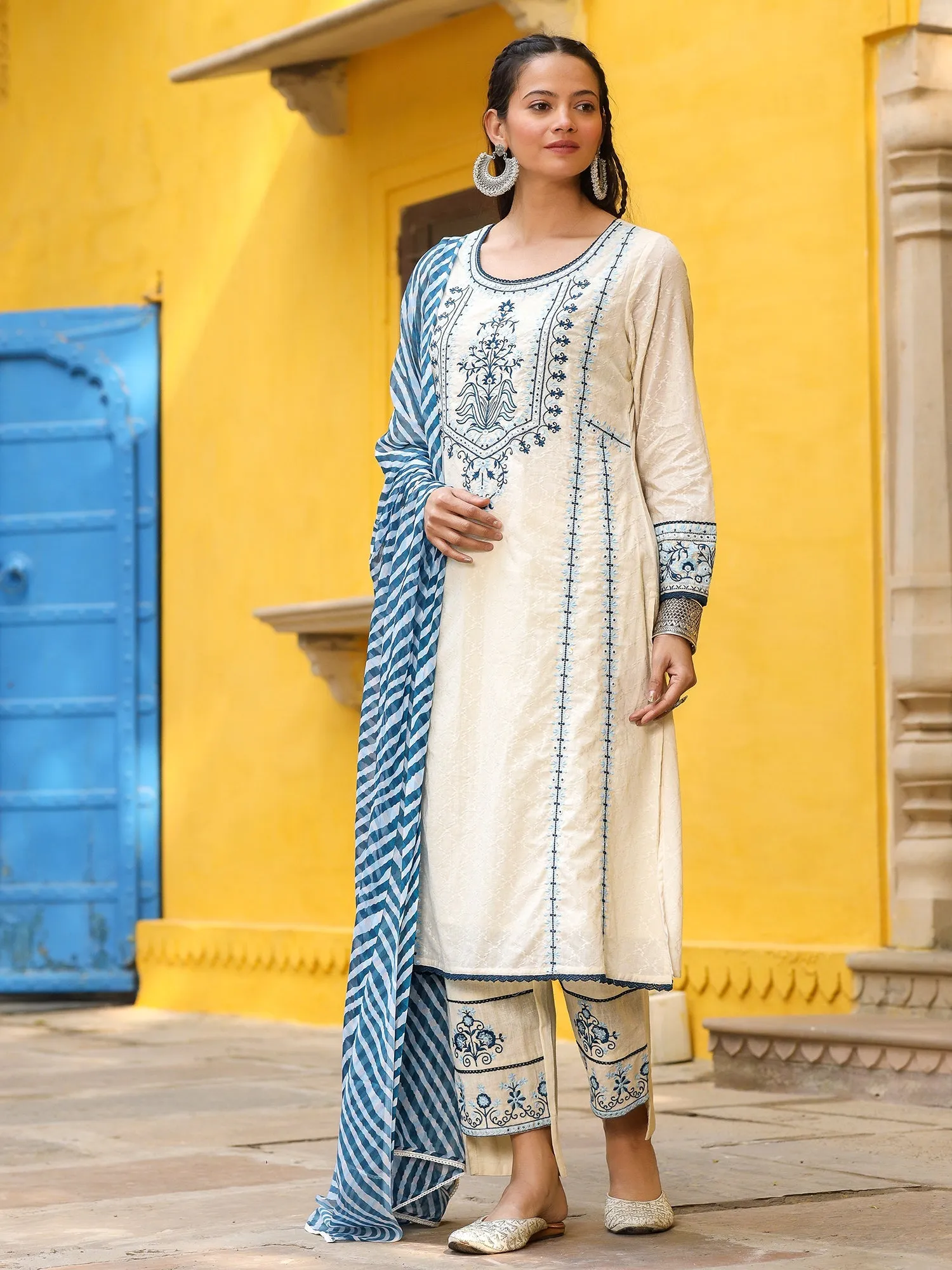 Jashvi White & Blue Cotton Dobby Thread Embroidered Straight Kurta With Pant Set And Chiffon Dupatta