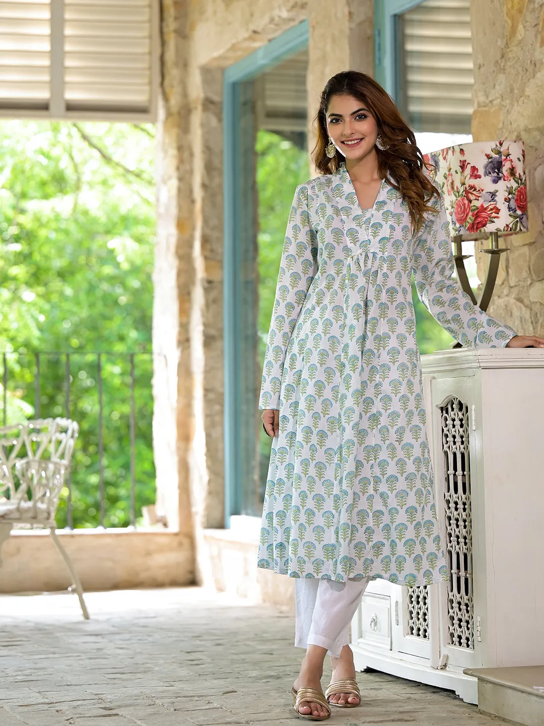 Jashvi White & Green Floral Handblock Printed Cotton Anarkali  Kurta Set