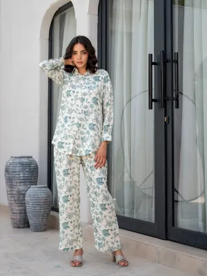 Jashvi White & Green Floral Printed Rayon Co-ord Set