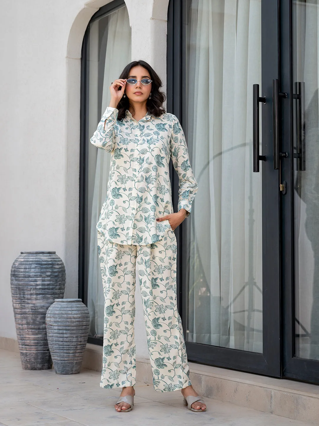 Jashvi White & Green Floral Printed Rayon Co-ord Set