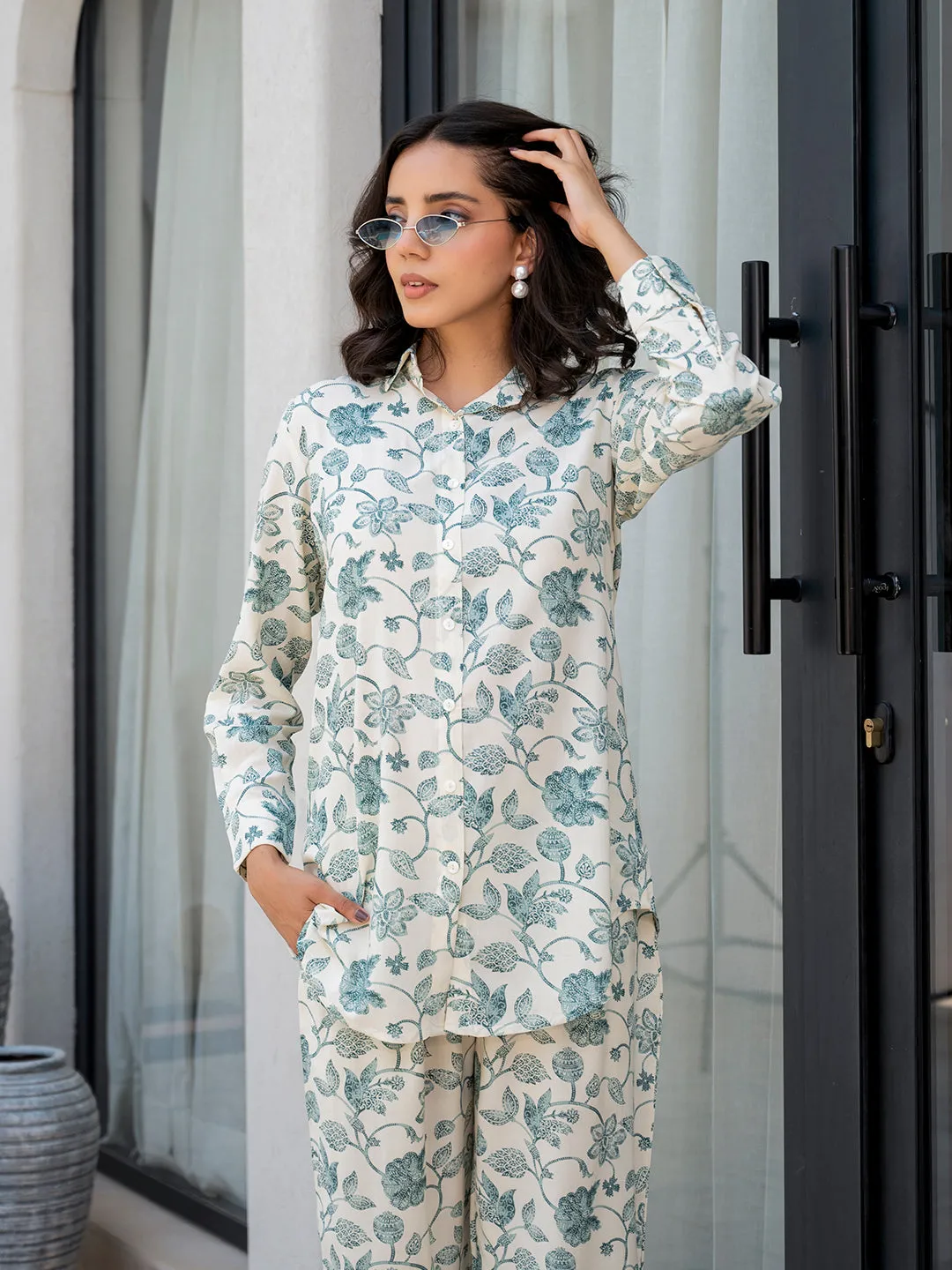 Jashvi White & Green Floral Printed Rayon Co-ord Set