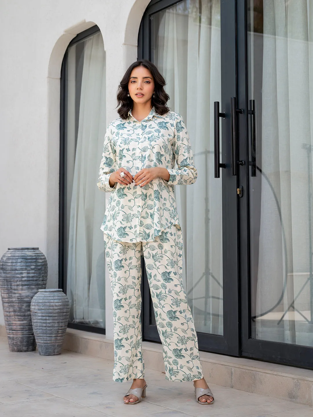 Jashvi White & Green Floral Printed Rayon Co-ord Set