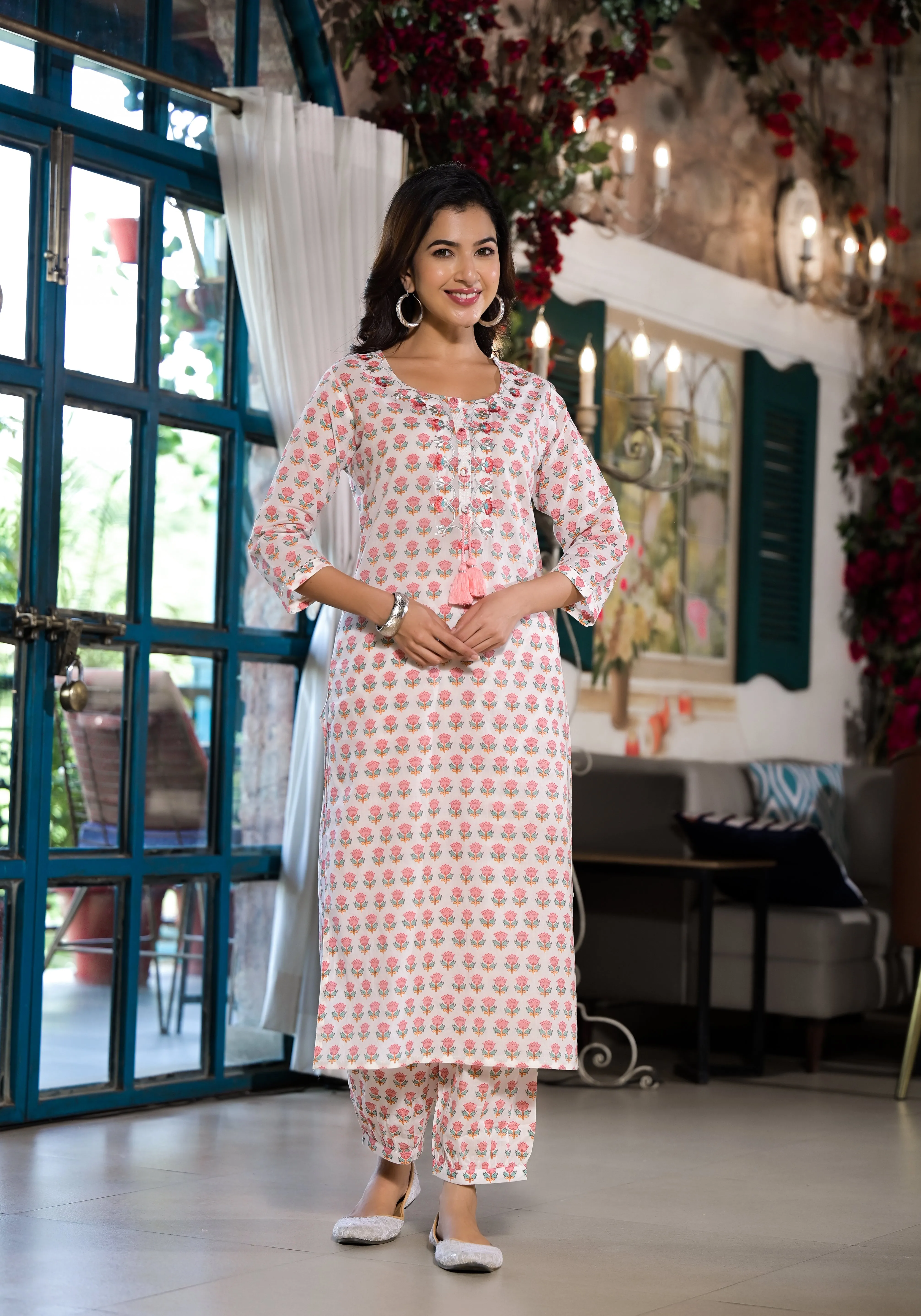 Jashvi White & Pink Floral Printed Cotton Kurta with Trouser