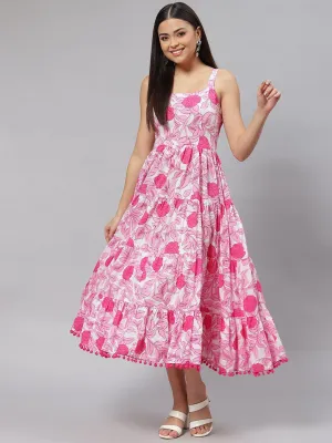 Jashvi white & Pink Floral Shoulder Strip Long Dress