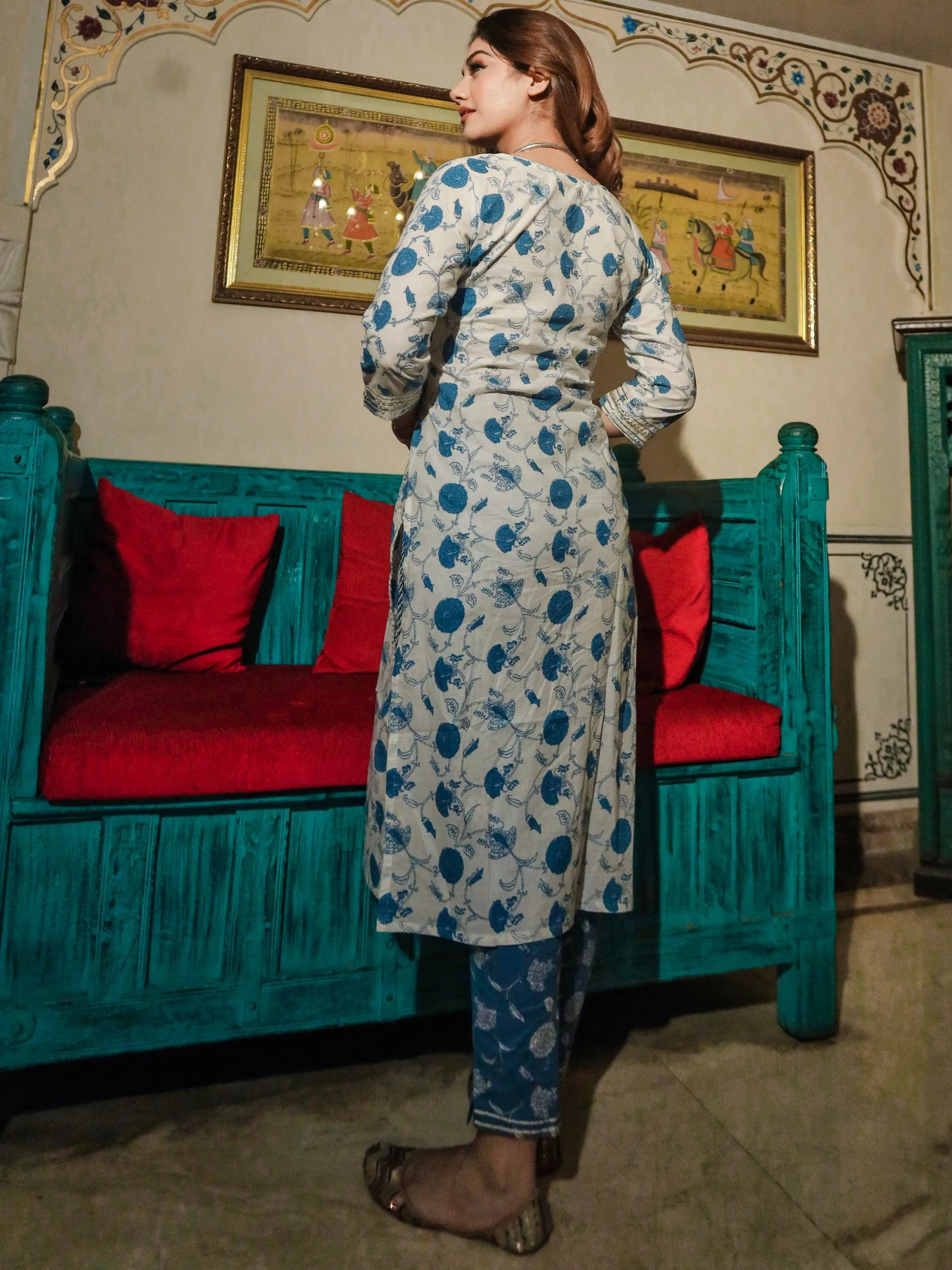 Jashvi White and Blue Cotton Kurta and Pant Set