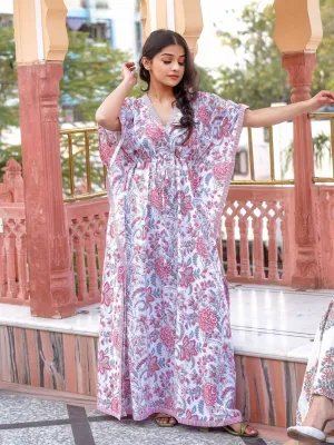 Jashvi White And Pink Floral Print Kaftan