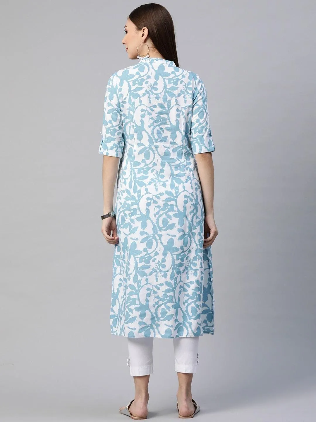 Jashvi White Blue Cotton A-Line Kurta