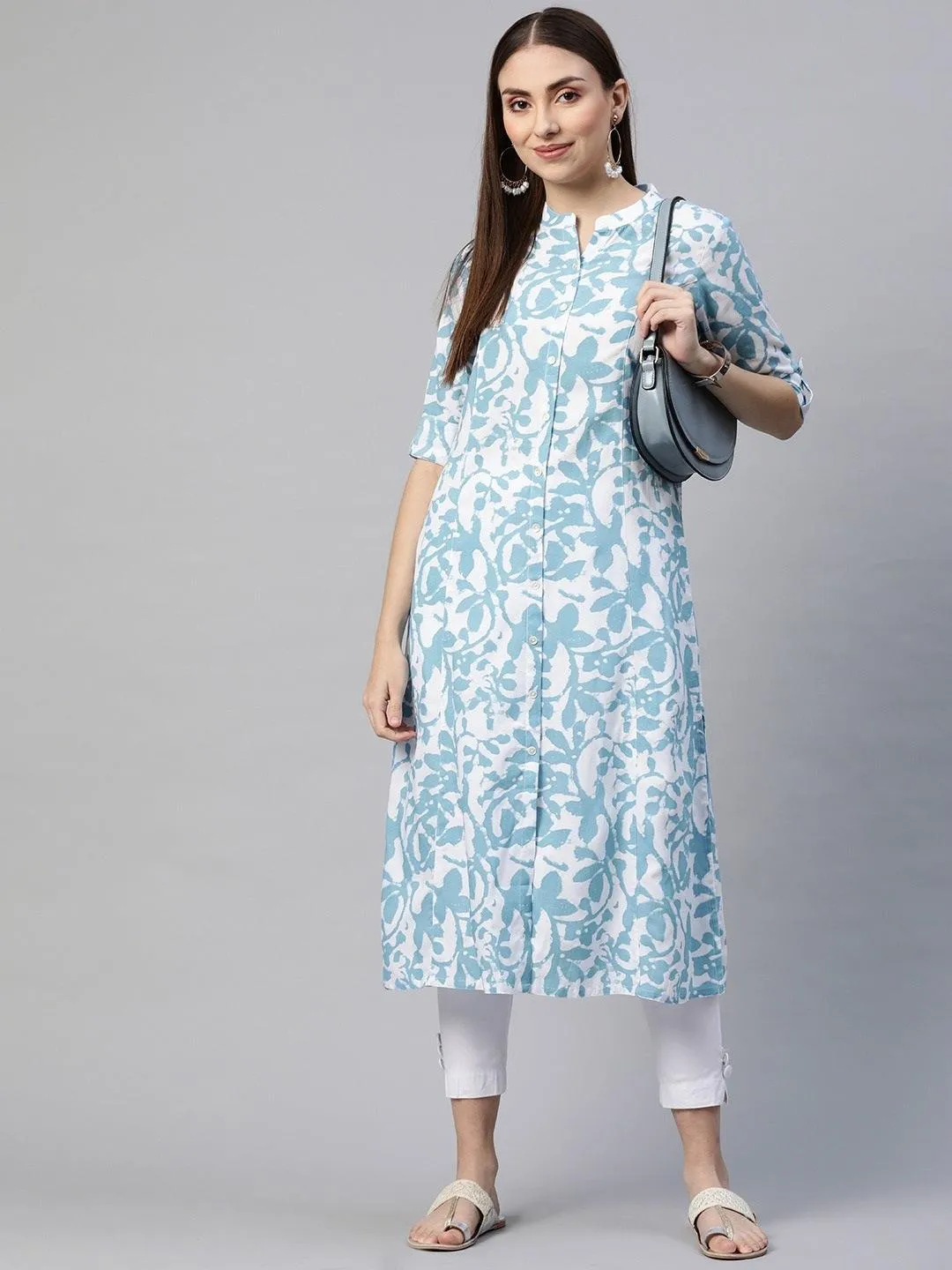 Jashvi White Blue Cotton A-Line Kurta