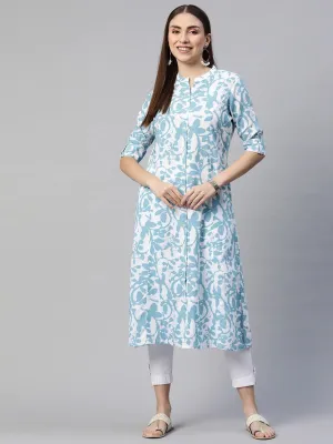 Jashvi White Blue Cotton A-Line Kurta