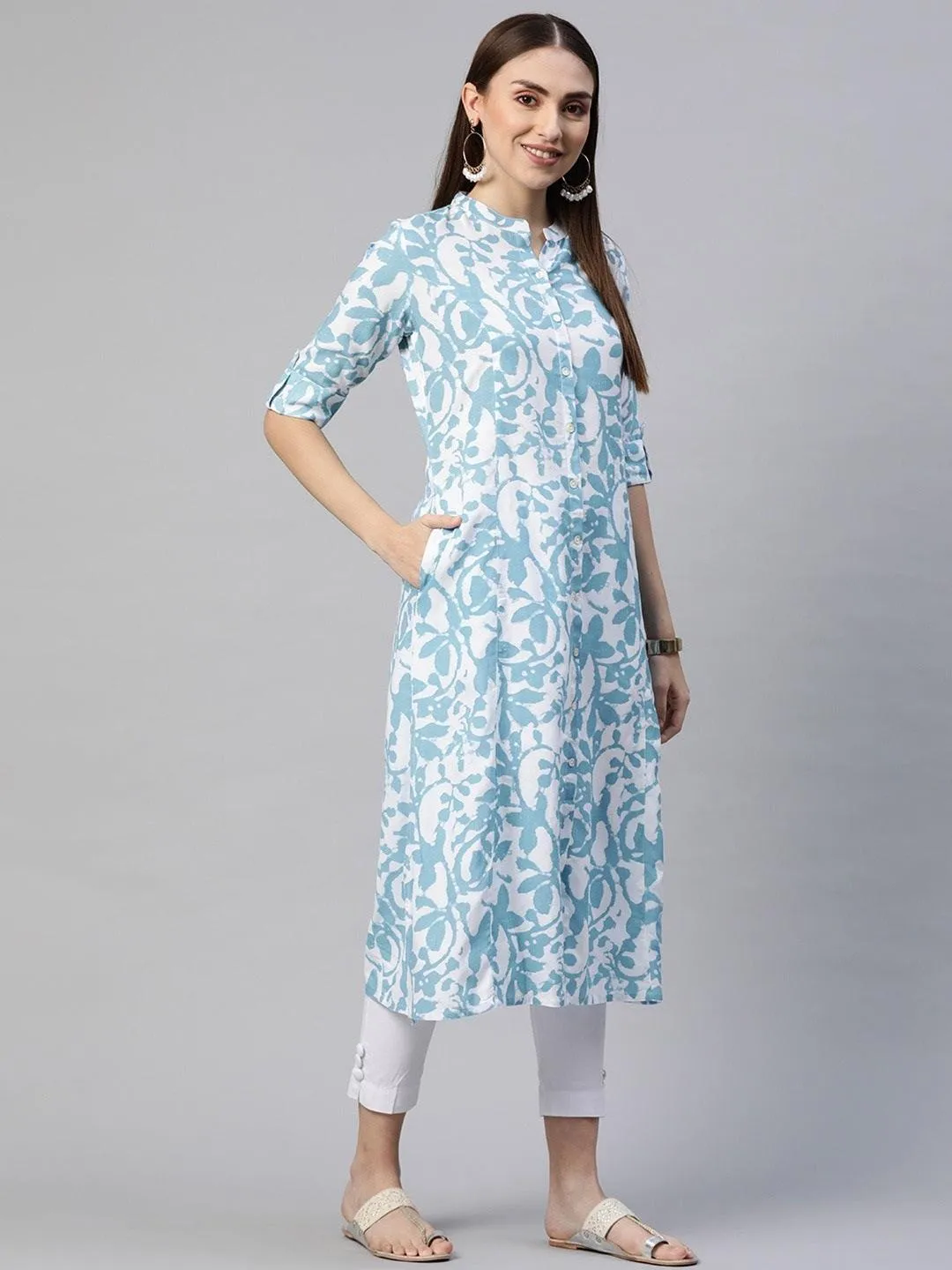 Jashvi White Blue Cotton A-Line Kurta