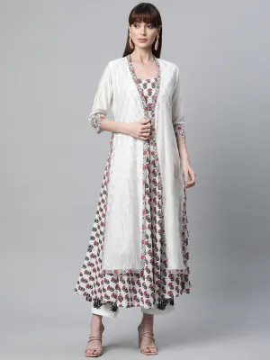 Jashvi White Floral Kurta Pant Set with Chanderi Shurg