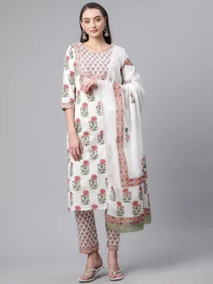 Jashvi White Floral Kurta pant set with Mulmul Dupatta