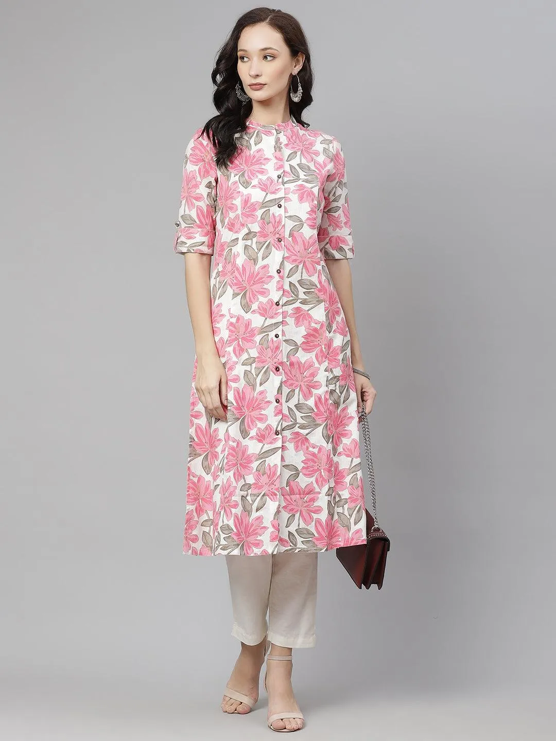 Jashvi White Floral Print Cotton A-Line Plus Size Kurta for Women