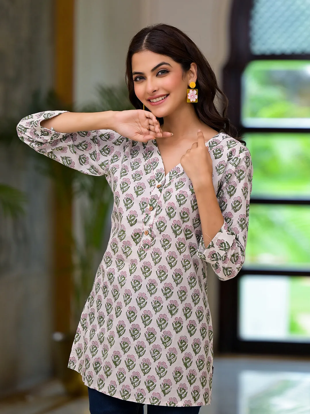 Jashvi White Floral Print Pure Cotton A-line Top