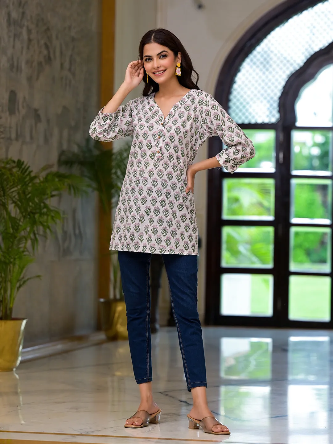 Jashvi White Floral Print Pure Cotton A-line Top