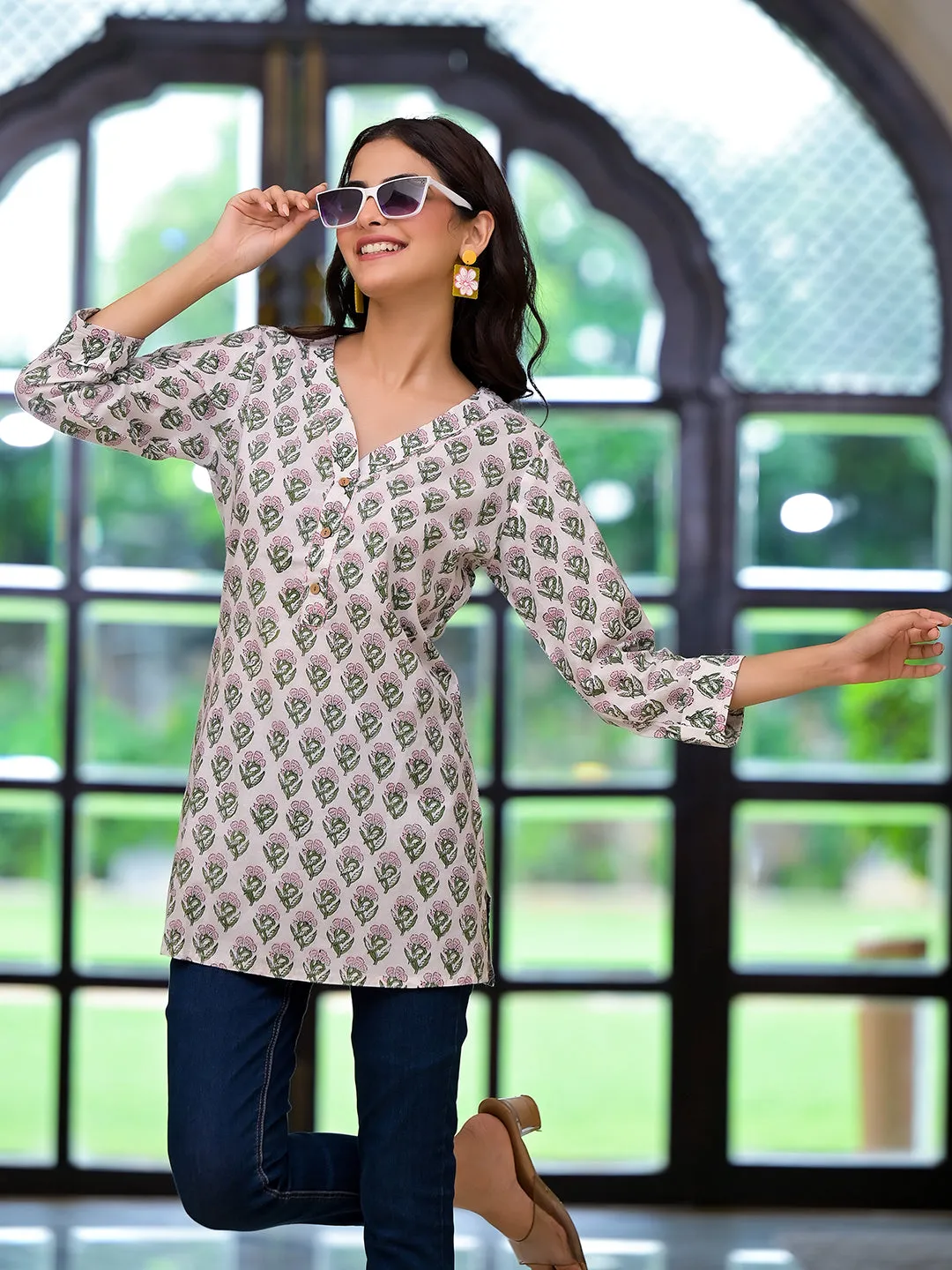 Jashvi White Floral Print Pure Cotton A-line Top