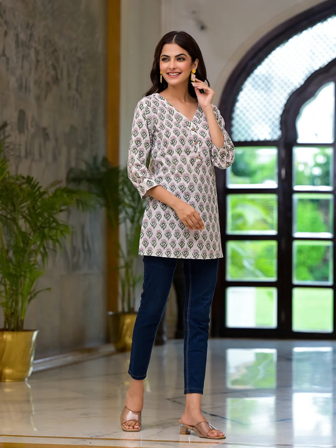 Jashvi White Floral Print Pure Cotton A-line Top