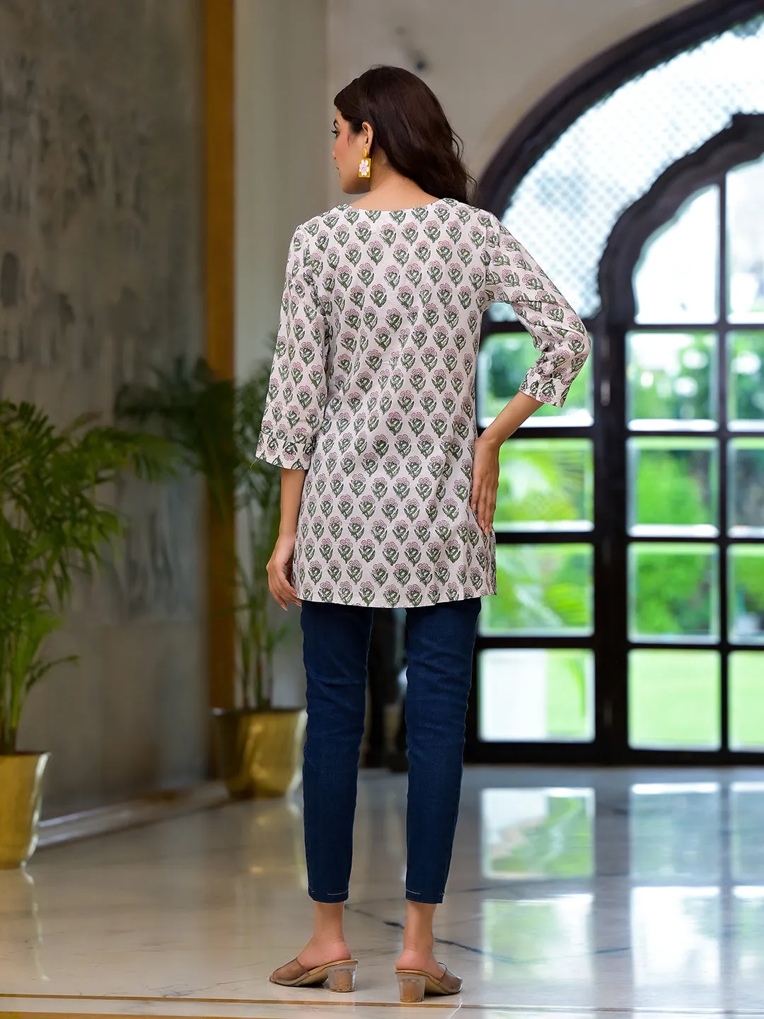 Jashvi White Floral Print Pure Cotton A-line Top