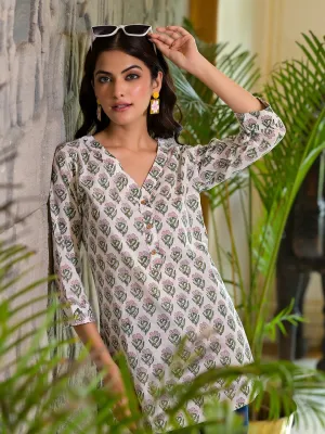 Jashvi White Floral Print Pure Cotton A-line Top