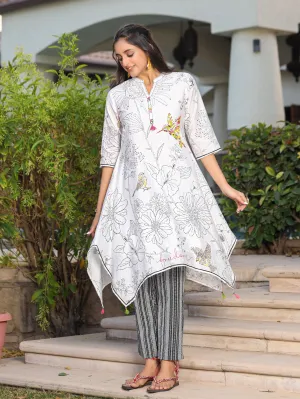 Jashvi White Floral Printed Nylon Dobby Kurta & Pants Set With Lace Work