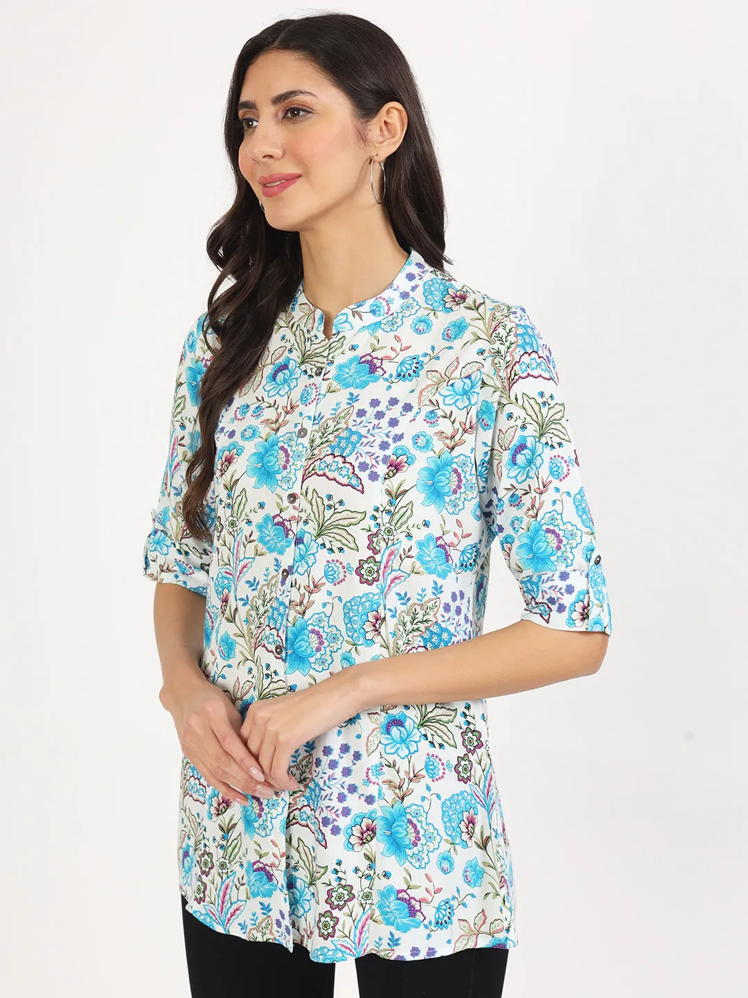 Jashvi White Floral Printed Rayon Top