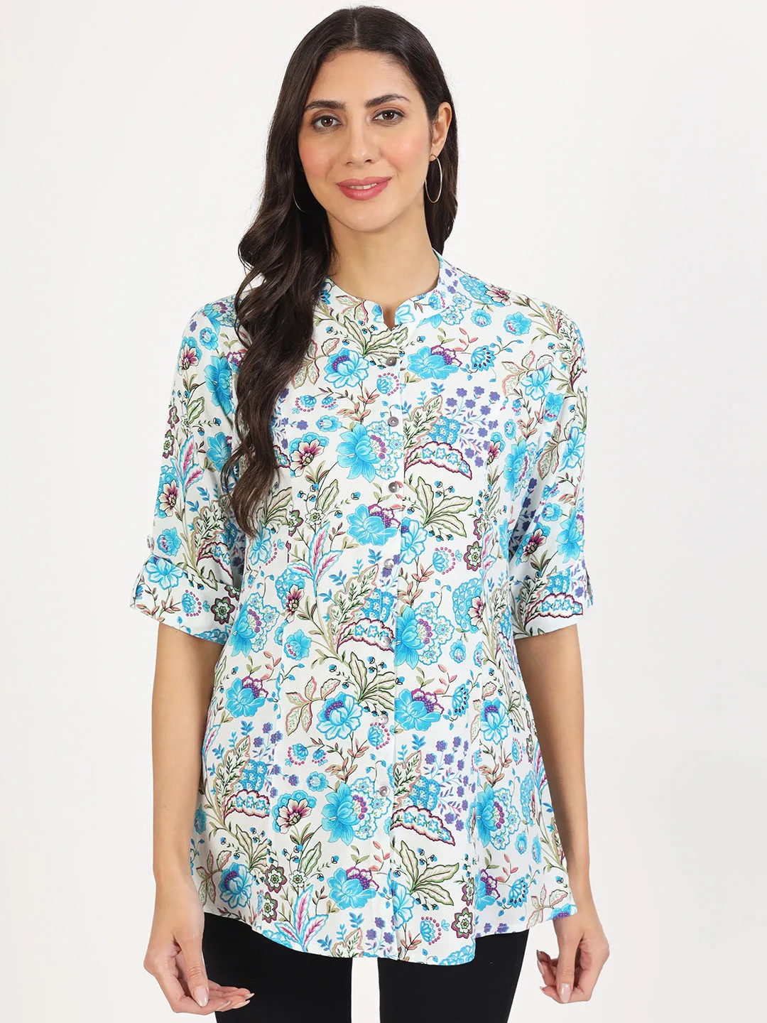 Jashvi White Floral Printed Rayon Top