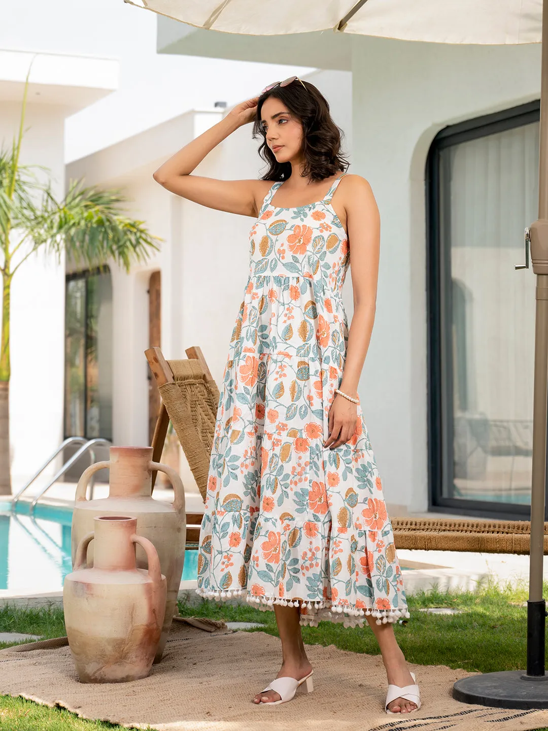 Jashvi White Floral Printed Shoulder Strip Calf Long Dress