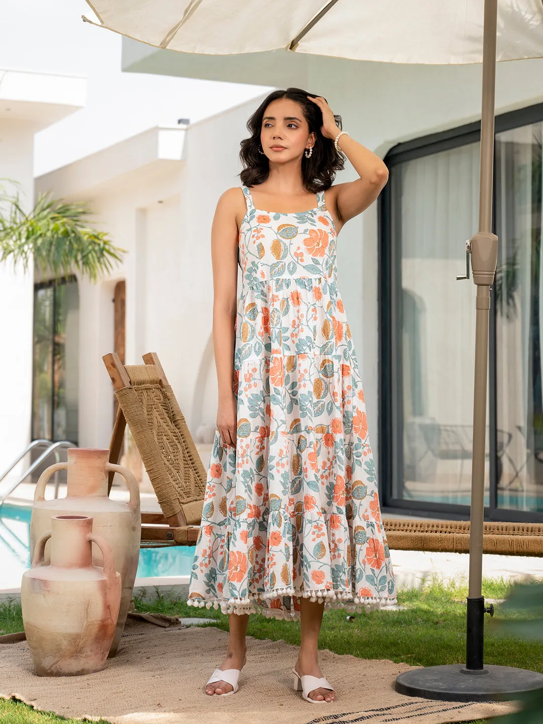 Jashvi White Floral Printed Shoulder Strip Calf Long Dress