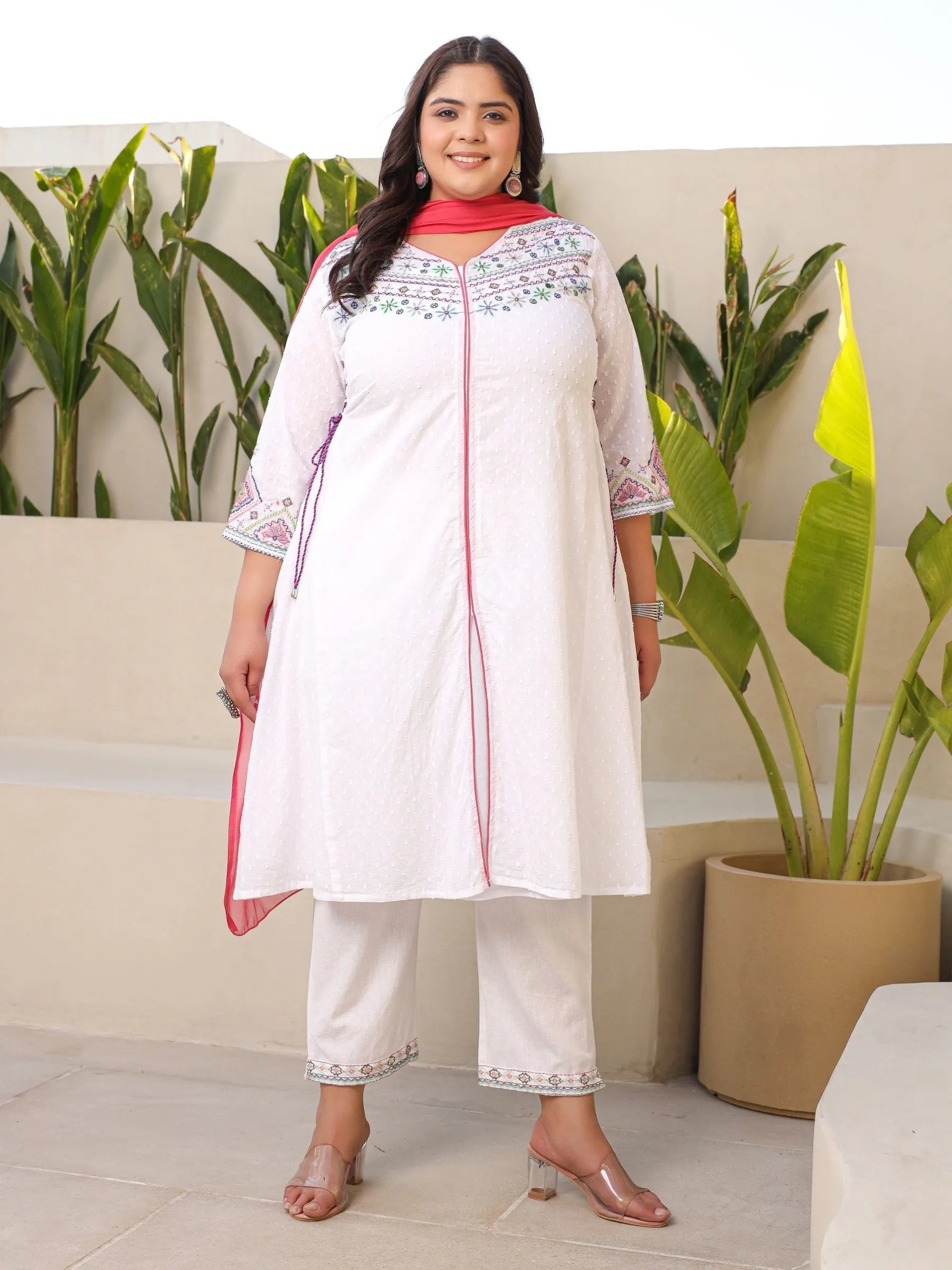 Jashvi White Geometric Printed Cotton Dobby Plus Size Kurta Pants & Dupatta Set With Threaded Embroidery (3-Pcs)